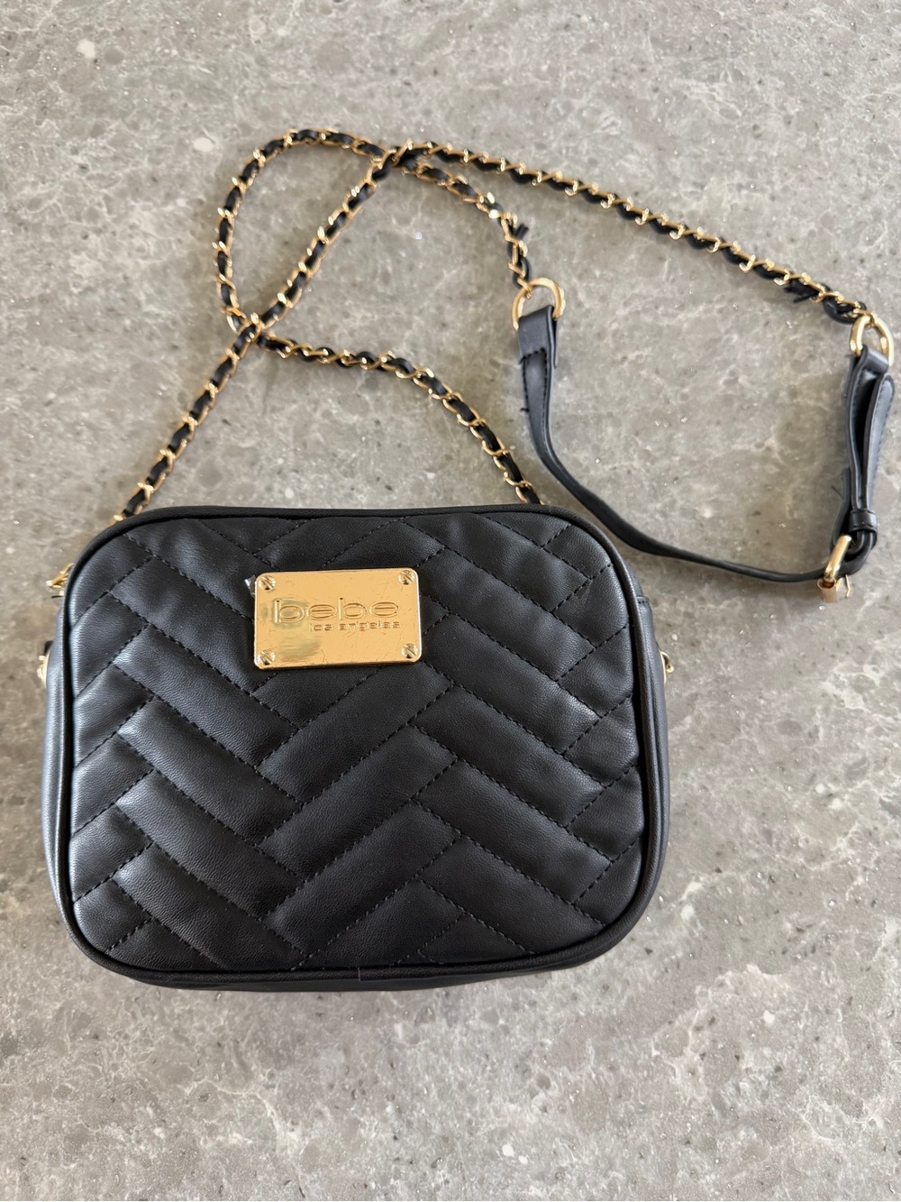 Bebe Chevron Quilted Crossbody with Gold Plaque and Chain Faux Leather Black
